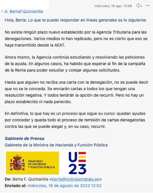 Respuesta de el Ministerio de Hacienda y Función Pública a Noticiastrabajo.es