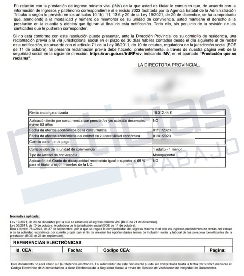 Carta Segurdiad Social informando sobre actualización Ingreso Mínimo Vital