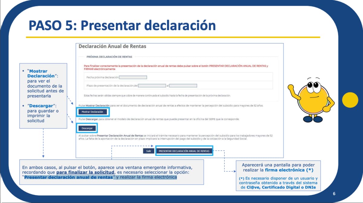 declaración anual de rentas en el subsidio de mayores de 52 años paso 5