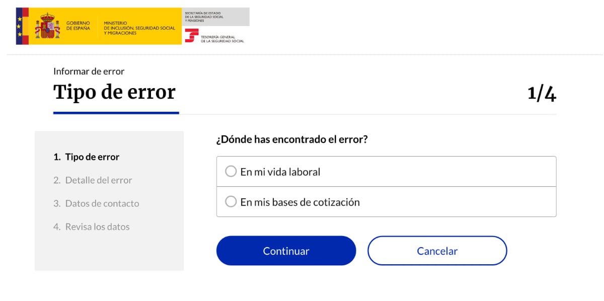 formulario corregir errores en el informe de vida laboral