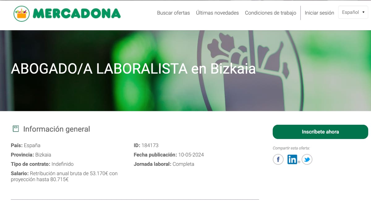 Oferta de empleo abogado laboralista de Mercadona