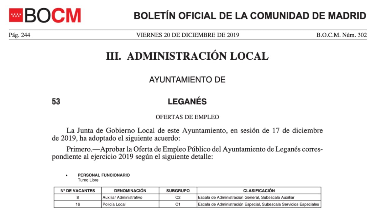 Se aprueba Oferta de Empleo público en Leganés (Madrid) con 55 plazas