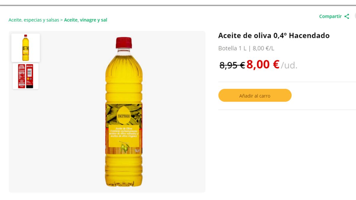 Botella de aceite de oliva Hacendado con rebaja.
