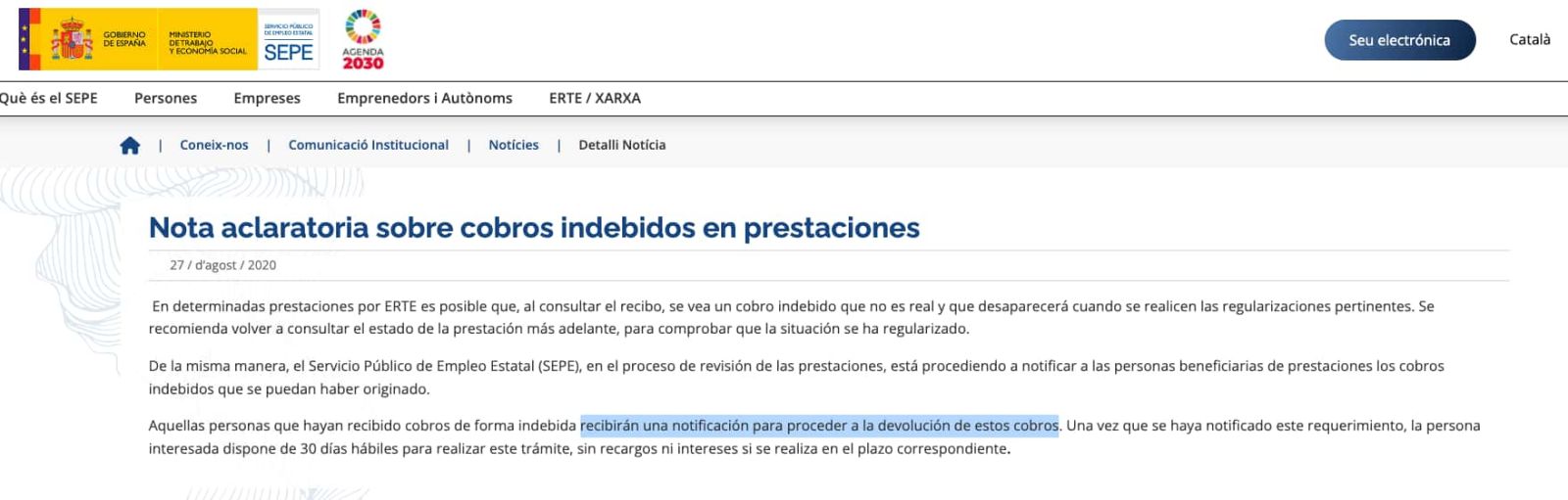 Captura web SEPE informando sobre los cobros indebidos