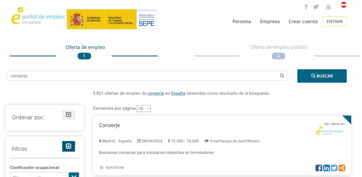 ofertas de empleo conserje del SEPE