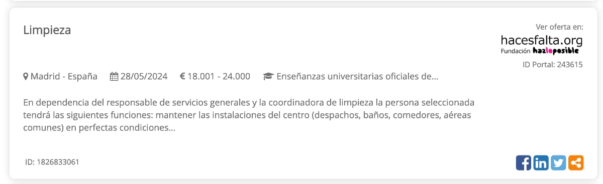 captura de una oferta por la que se buscan personal de limpieza por 24.000 euros
