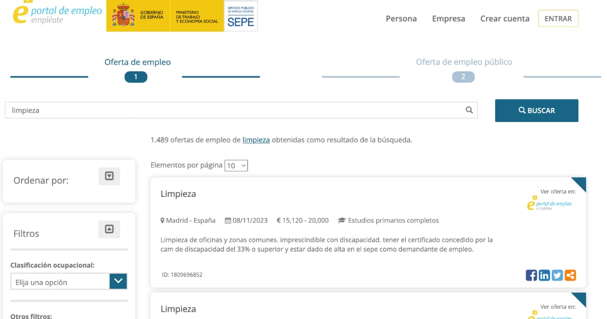 Ofertas de empleo del SEPE para personal de limpieza
