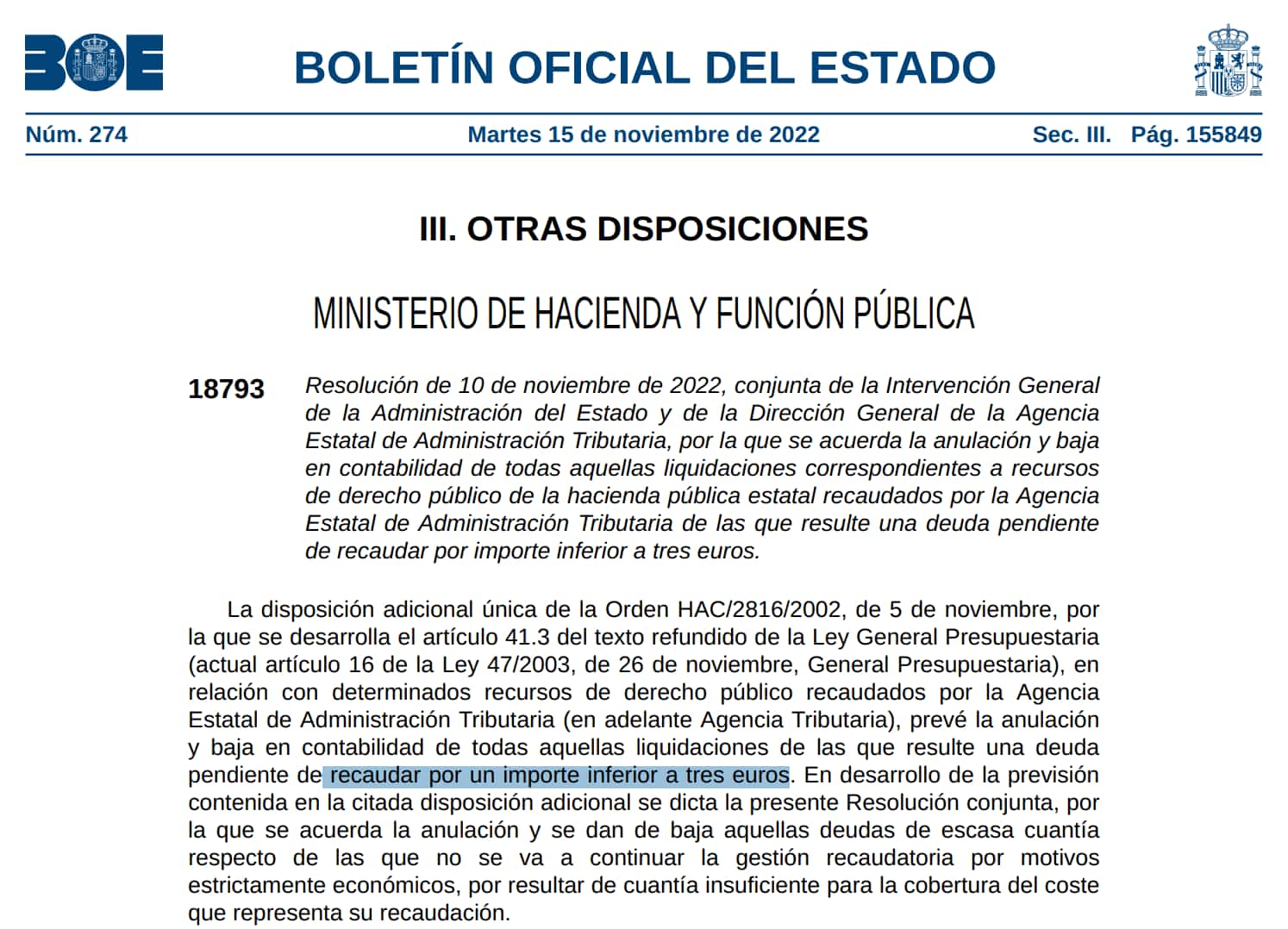 Hacienda perdona deudas inferiores a los tres euros