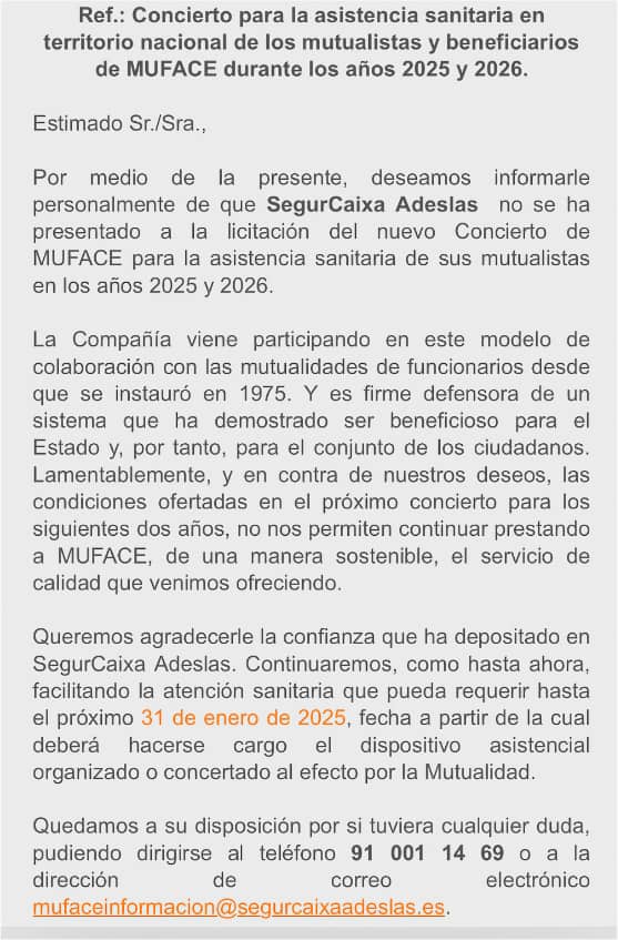 Carta de Adeslas a los mutualistas de MUFACE