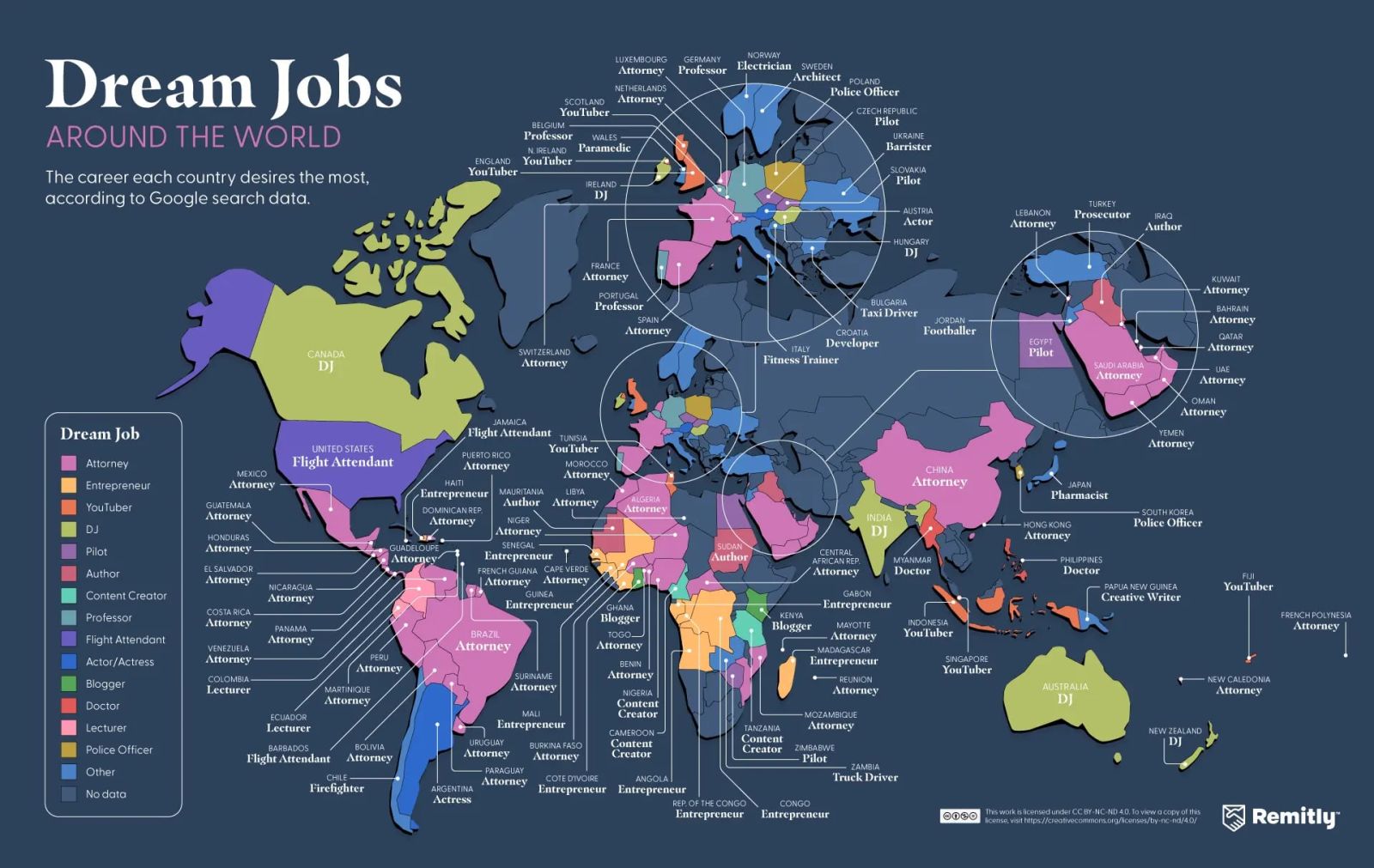 Mapa con las profesiones más demandadas en el mundo