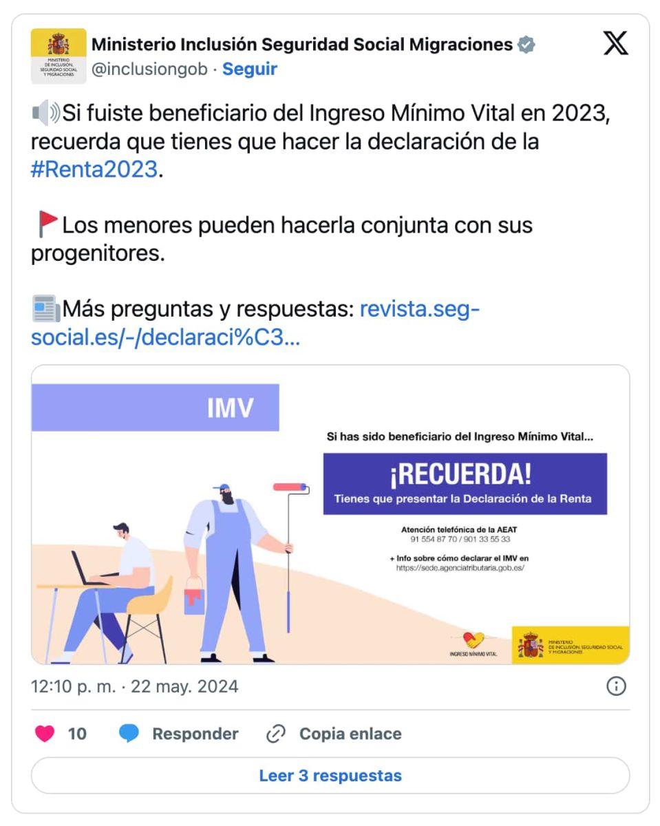Tweet Seguridad Social informando de la obligación de presentar la Renta
