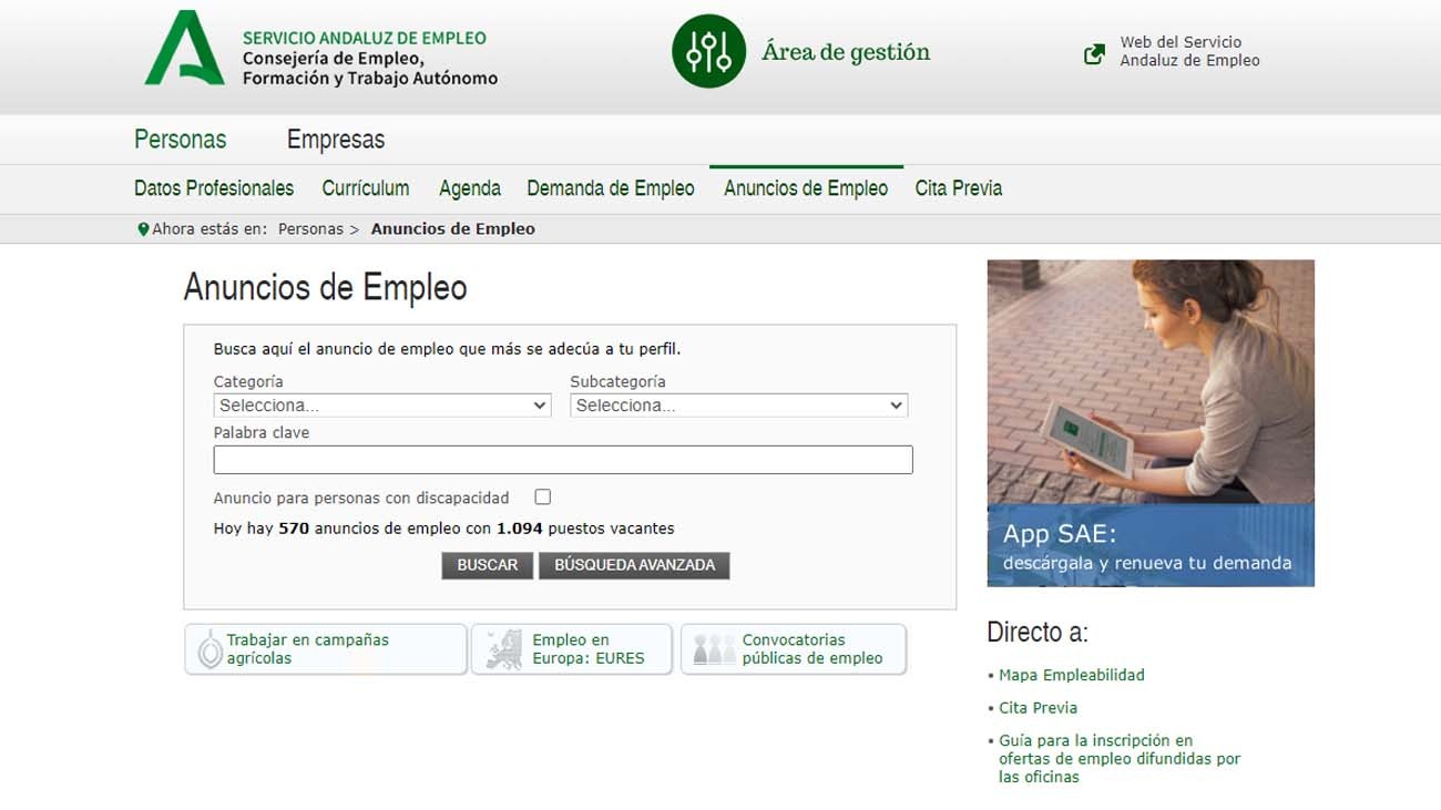 El SAE de la Junta de Andalucía oferta empleo con 1.094 puestos vacantes