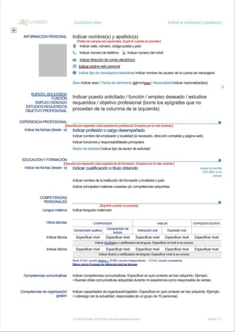 Plantilla Curriculum Europass Español