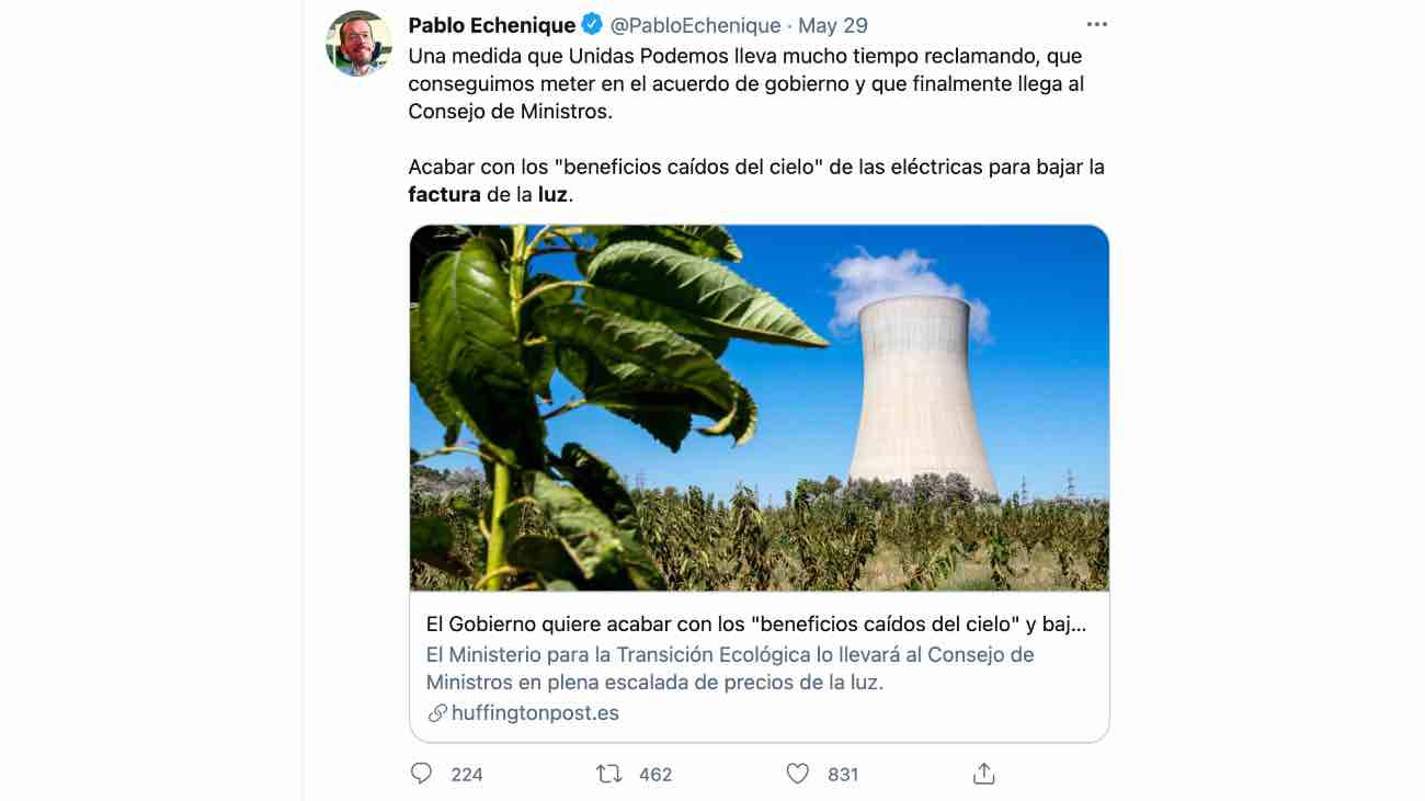 pablo echenique critica nueva factura de la luz 2021