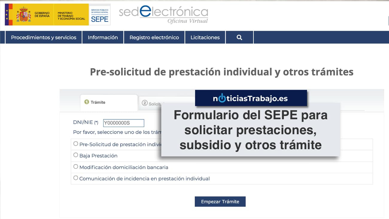 Formulario pre-solicitud del SEPE para solicitar prestaciones