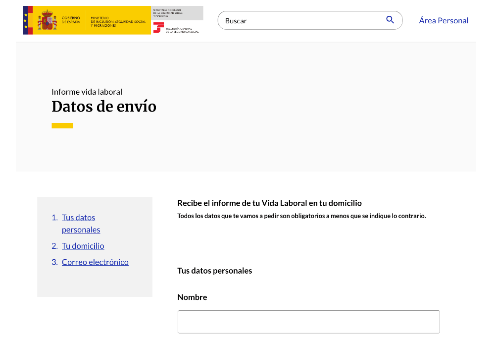 Pasos para pedir vida laboral para recibir en el domicilio: paso 2