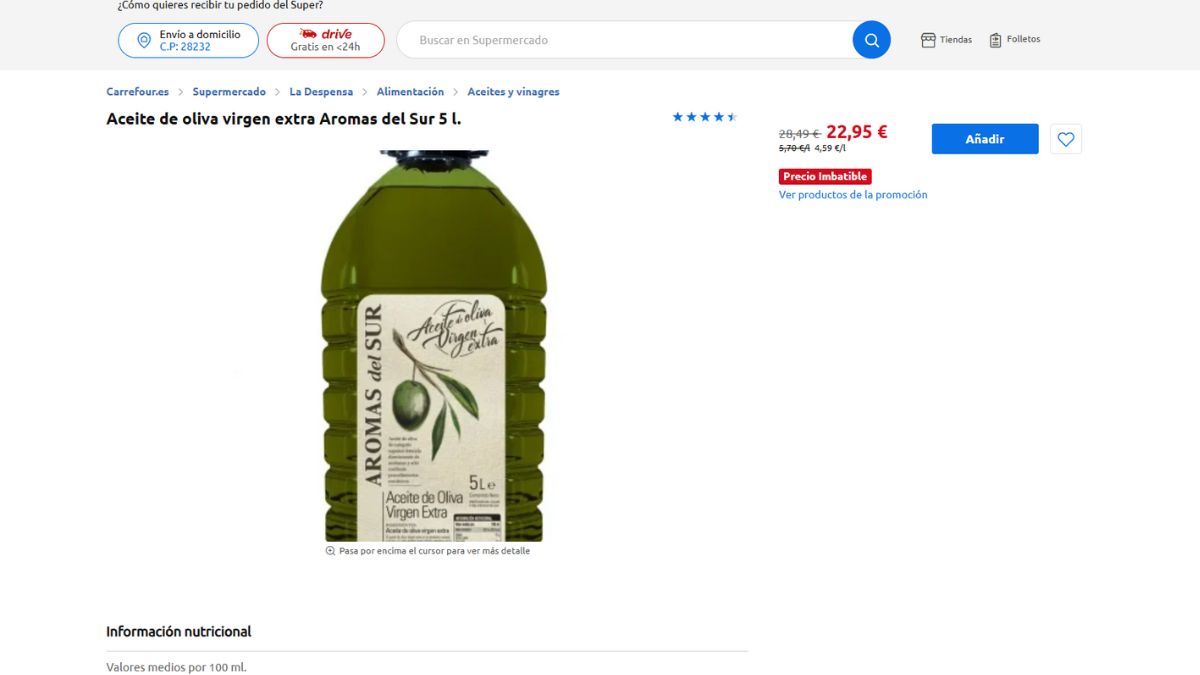aceite de oliva virgen extra en promoción en Carrefour.