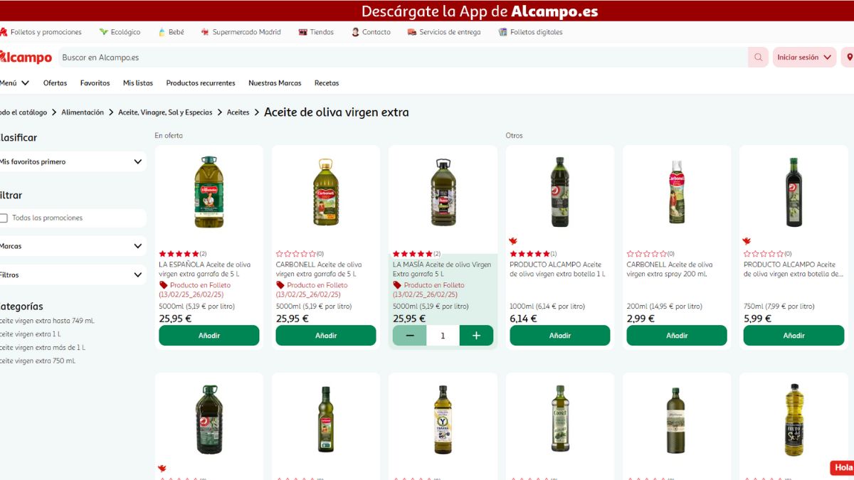 Botellas de aceite de oliva virgen extra de promoción en Alcampo.