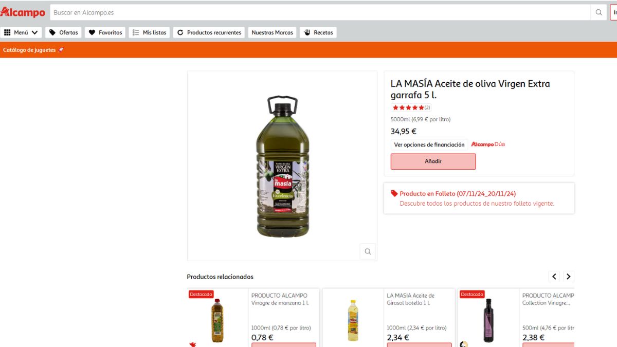 Pantalla con la oferta de aceite de oliva de Alcampo.