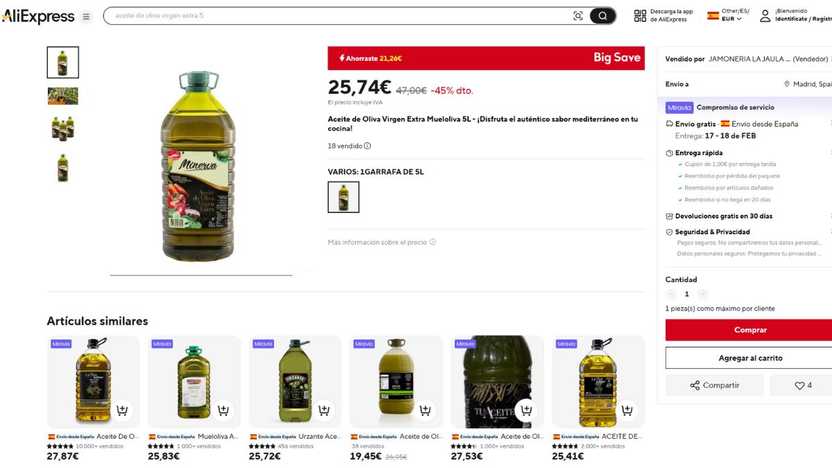Captura de pantalla de la promoción de aceite de oliva virgen extra.