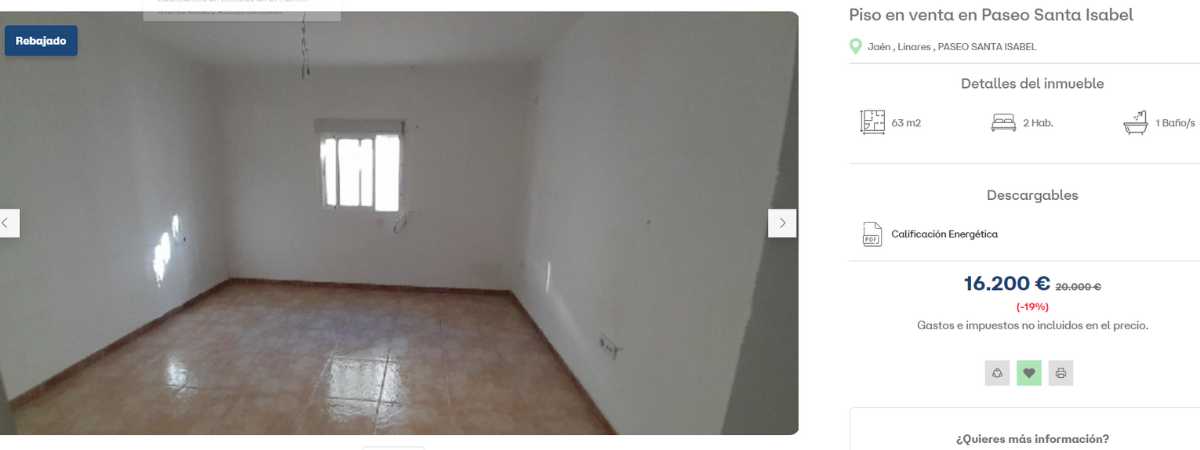 Piso en venta en Linares (Jaén) por un precio de 16.200 euros 