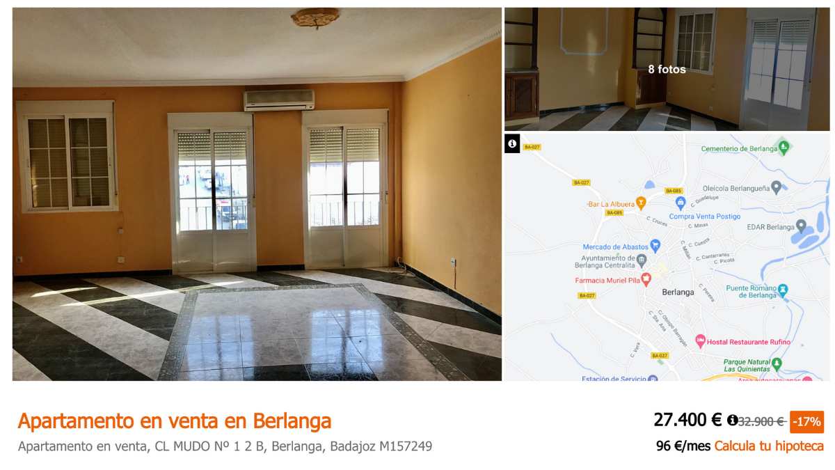 Apartamento en venta en Berlanga (Badajoz) por un precio de 27.400 euros