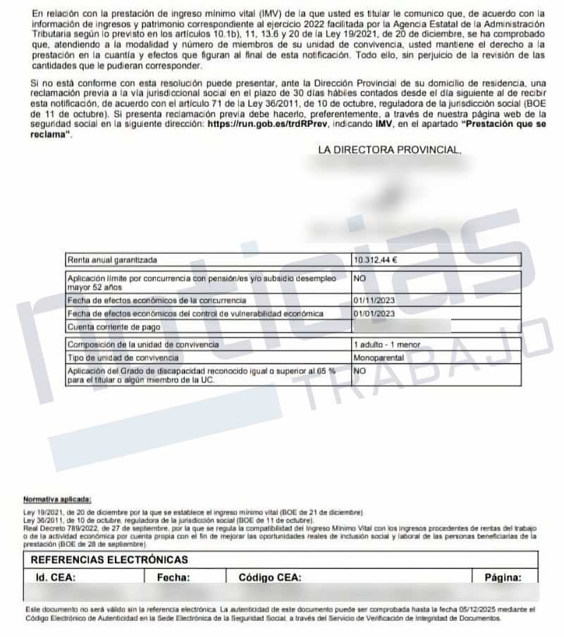 Carta de actualización del Ingreso Mínimo Vital en enero de 2024