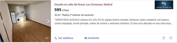Estudio en alquiler en Madrid por un precio de 595 euros al mes 