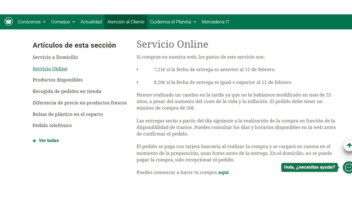 Mensaje en la web de Mercadona