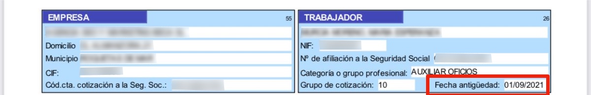 Apartado de antigüedad en la nómina