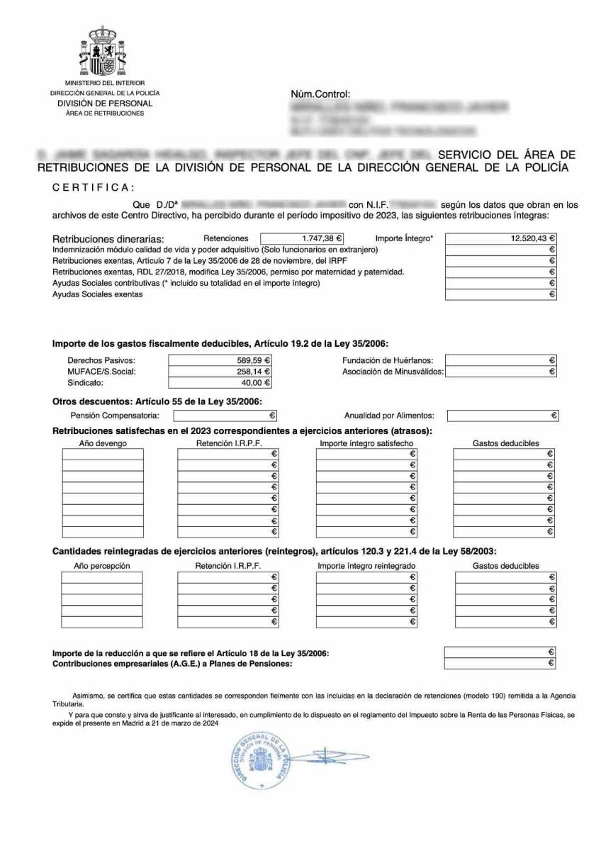 certificado de retenciones del IRFP de un policía nacional