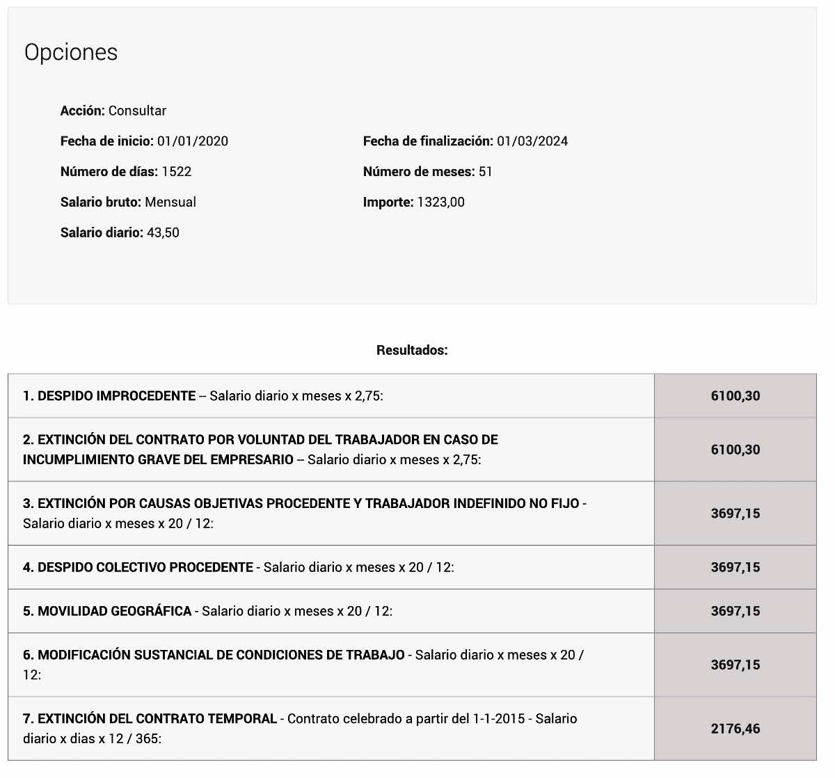 Ejemplo de resultados de la calculadora del CGPJ