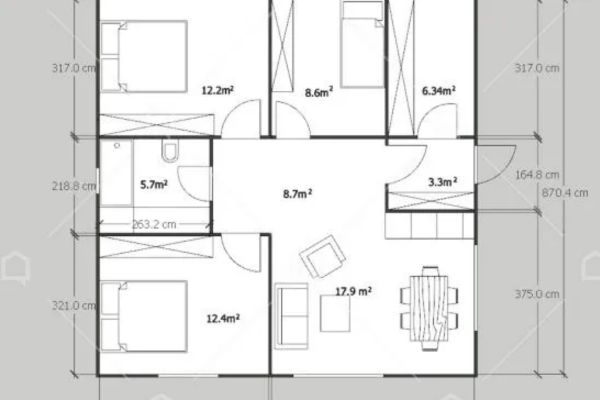 Plano casa prefabricada con tres habitaciones 