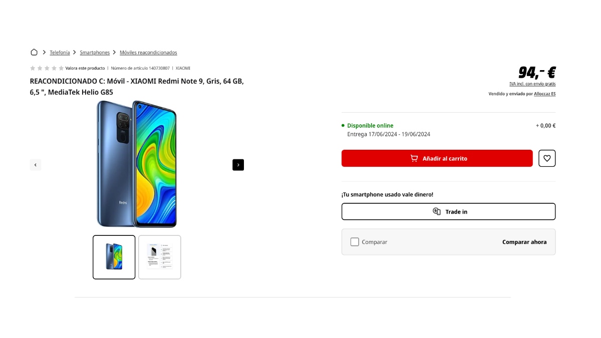 Móvil Xiaomi Redmi Note 9 rebajado en MediaMarkt