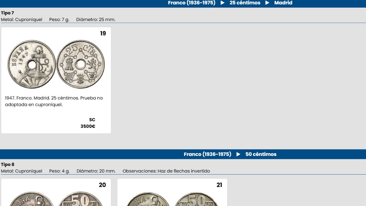 Moneda de 25 céntimos en la web de subastas