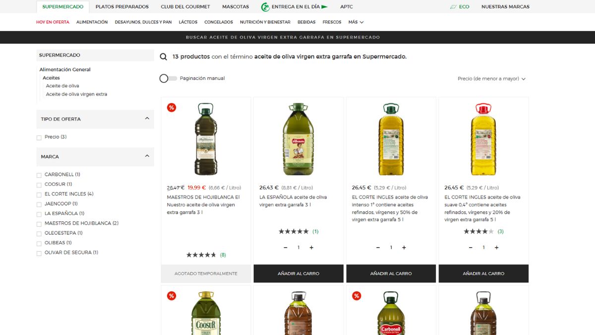 Captura de pantalla de la oferta en aceite de oliva de El Corte Inglés