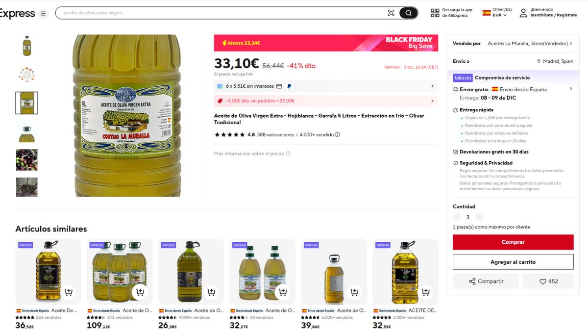 Oferta de aceite de oliva virgen extra en aliexpress.
