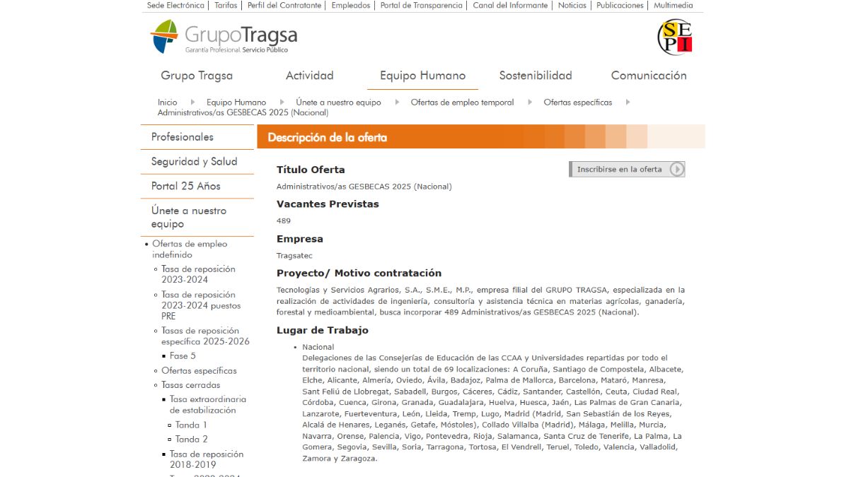 Oferta de empleo de Tragsa como administrativo