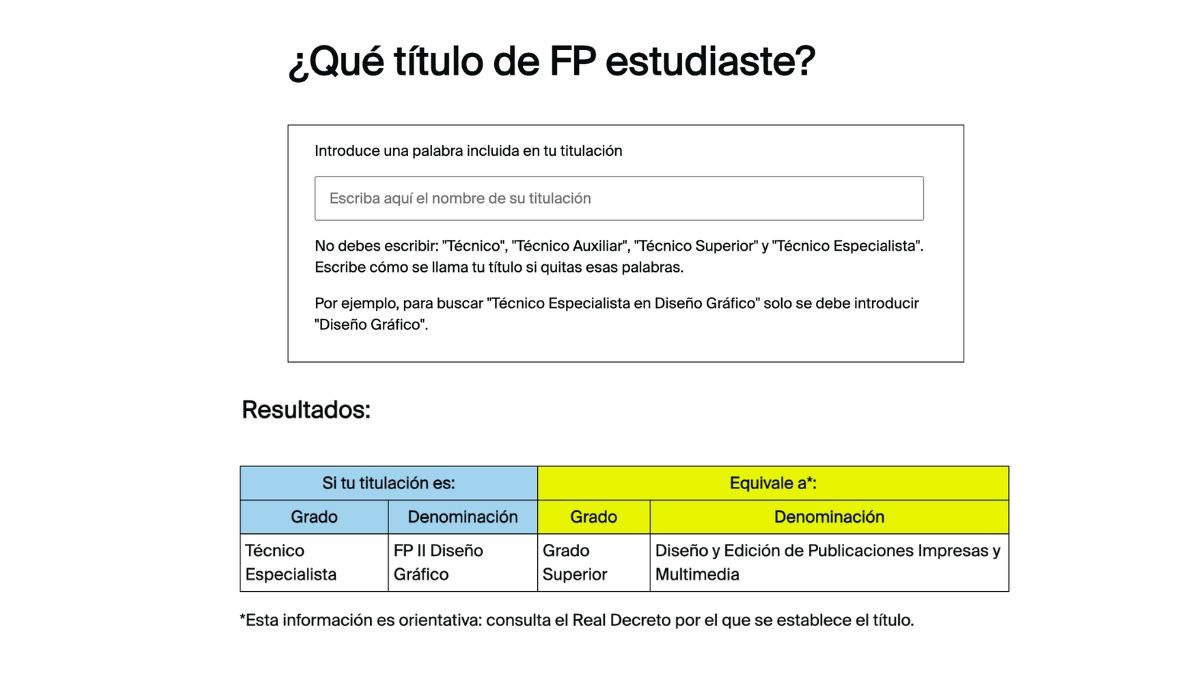 Un ejemplo de la herramienta de equivalencias de FP