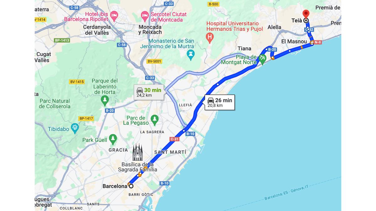 Mapa distancia Barcelona Teià
