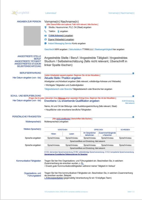 Plantilla Curriculum Europass Alemán
