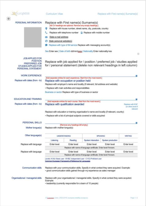 Plantilla Curriculum Europass Inglés