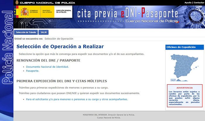 Página web de la Policía Nacional (tramite renovación DNI)