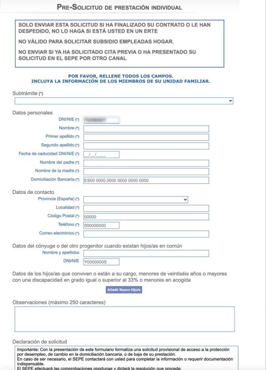 Formulario para solicitar el paro por internet sin certificado