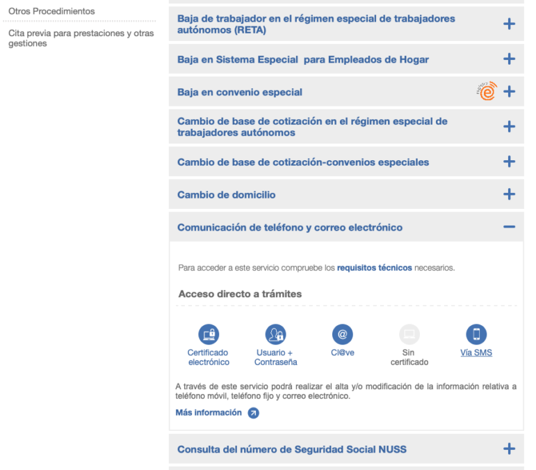 Cambiar datos o número de teléfono en la Seguridad Social: paso 2