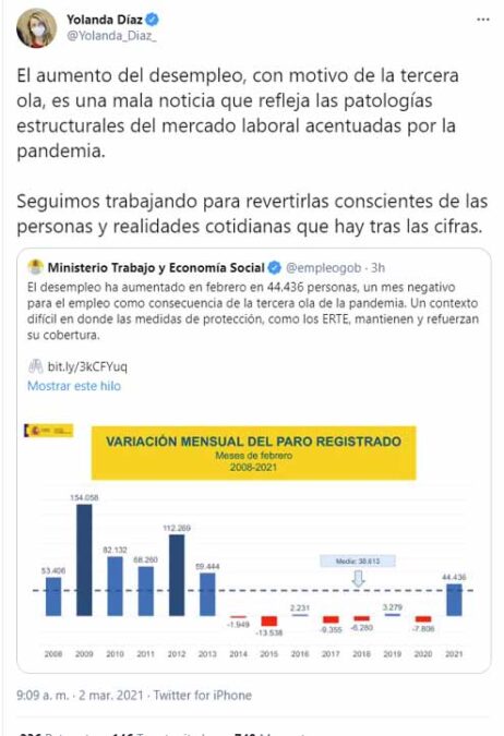 Tweet de la ministra de Trabajo, Yolanda Díaz