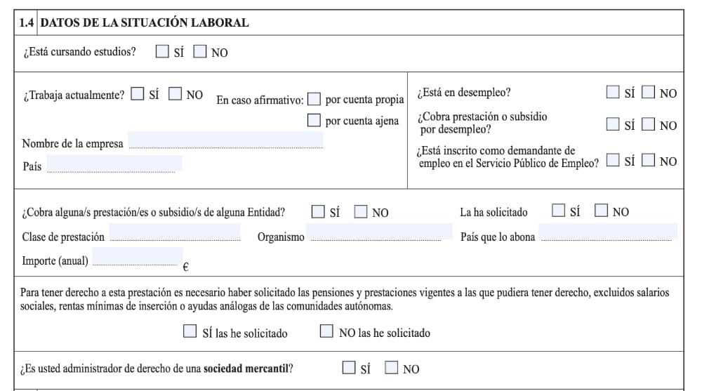 solicitud del ingreso mínimo vital, apartado de situación laboral